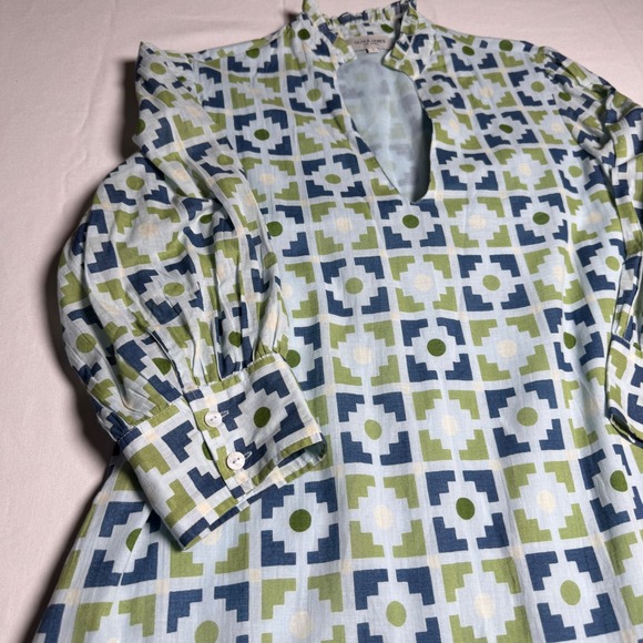 Olivia James The Label Cotton Geometric Print Ruffle Hem Shift Dress BlueGreen S - Picture 4 of 9